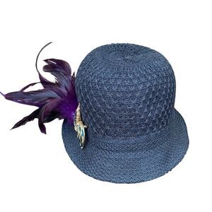 Navy Blue Sun Hat w/Bird Pin & Purple Feather Accent Garden & Tea Party Bridal